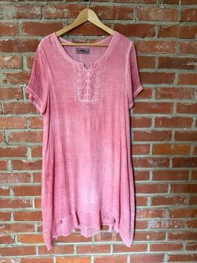 Cherie Bliss Pink Crochet-Trim Short Sleeve Tunic Dress
